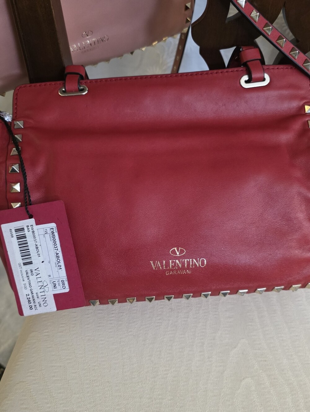 Valentino Garavani Rockstud Red Leather Bag Gold Stud Trim Handbag Tote - Picture 13 of 16